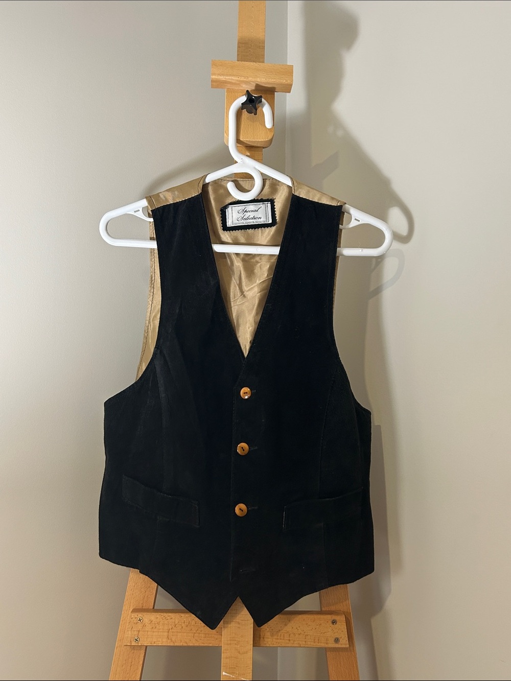 VINTAGE Black Suede Vest with Gold Satin Lining - Men’s M